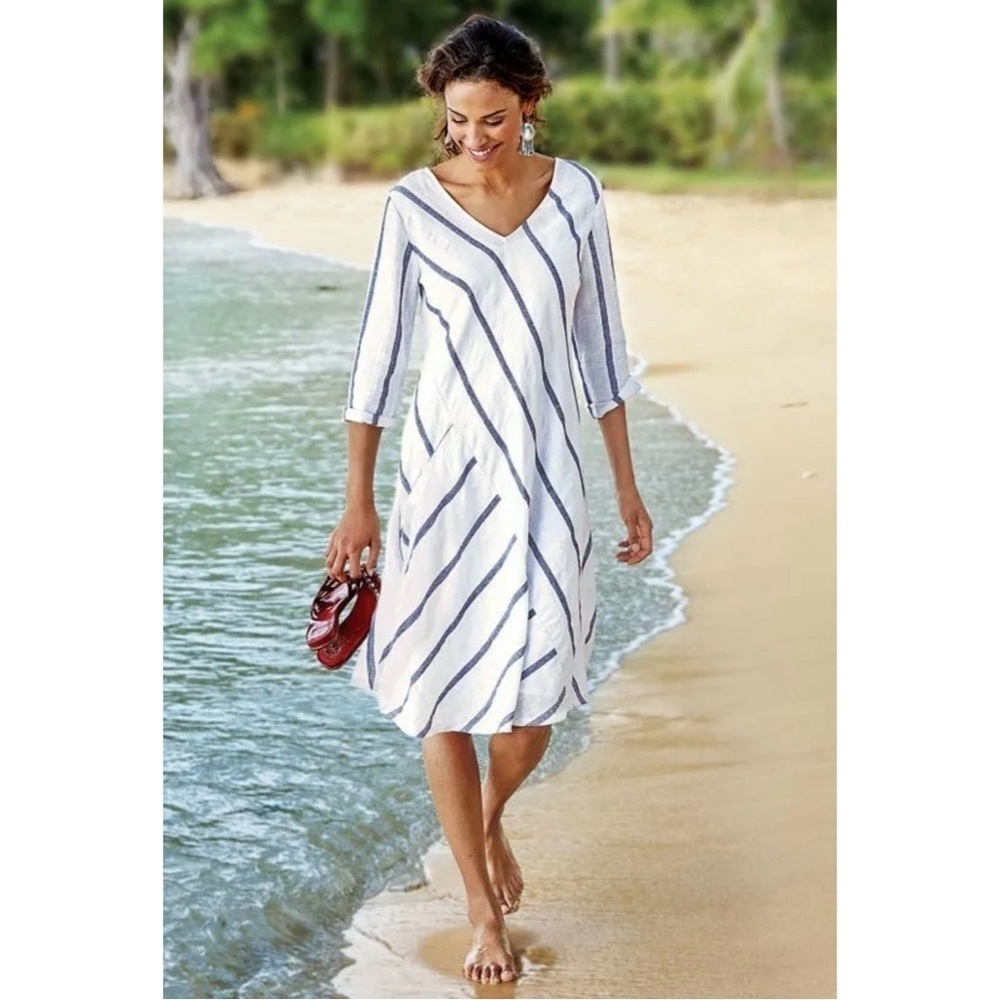 Soft Surroundings Linen Cotton Blend White Blue Beach Dress Coverup, Size Medium